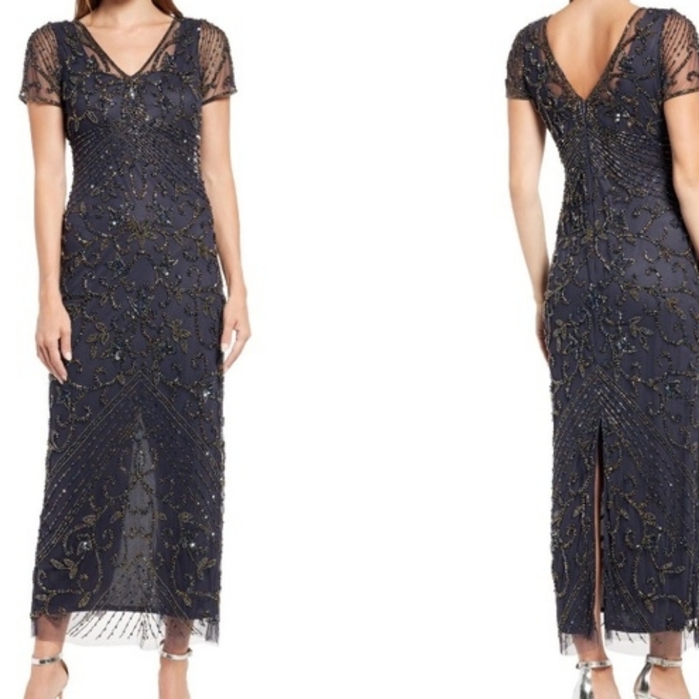 Pisarro Nights Beaded Mesh Column Gown